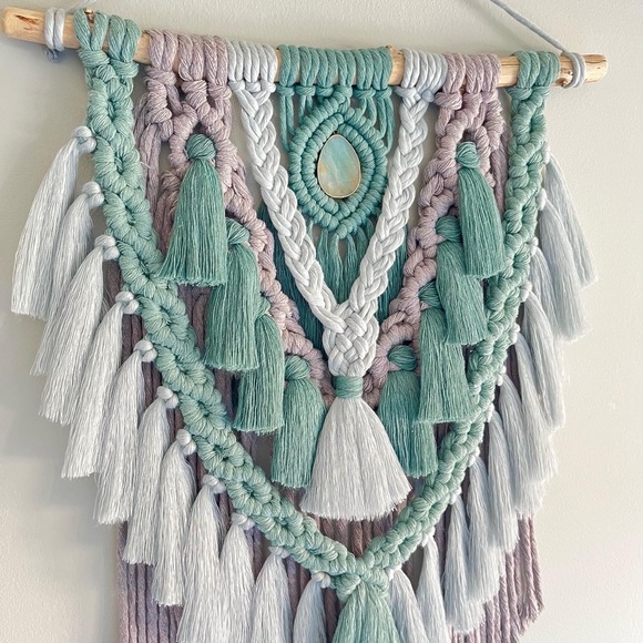 Boho macrame wall hanging with natural gemstone and tassels - Picture 3 of 4